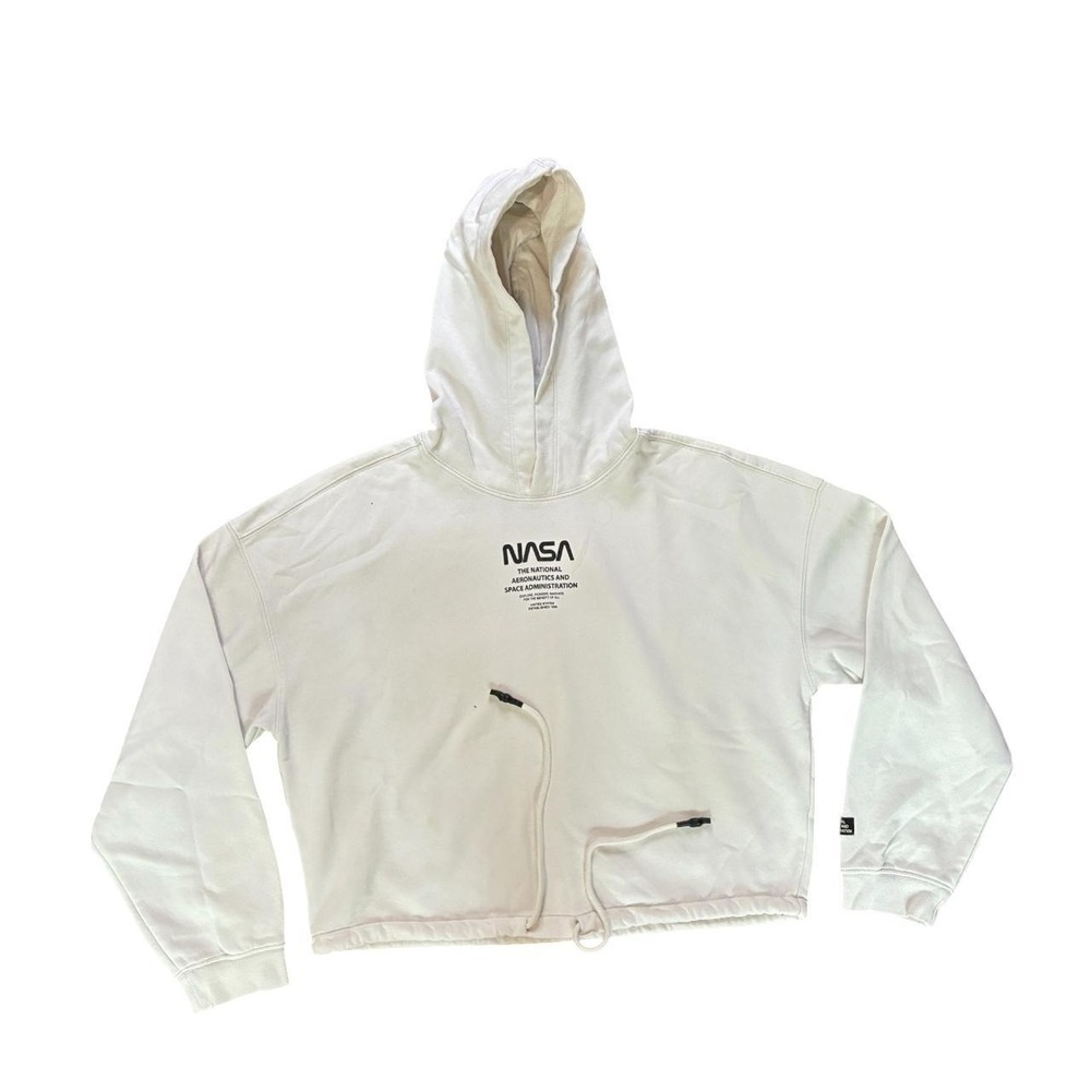 NASA Cropped Hoodie Womens Medium White Space Graphic Sweatshirt Drawstring Hem